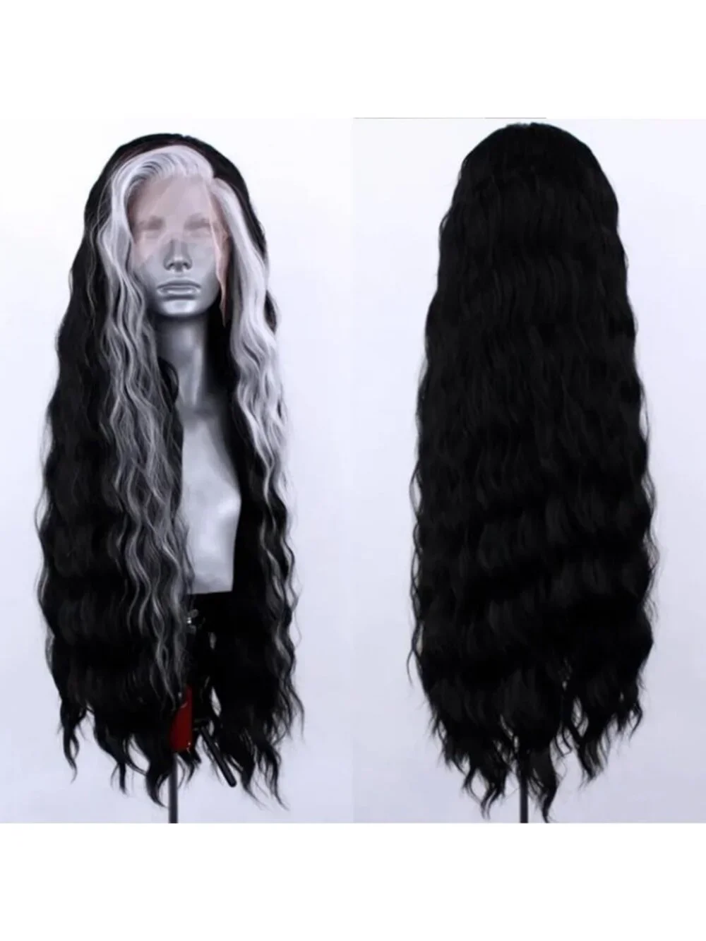 Long Curly Black & White Lace Front Wig - Heat Resistant, Natural Hairline, 24